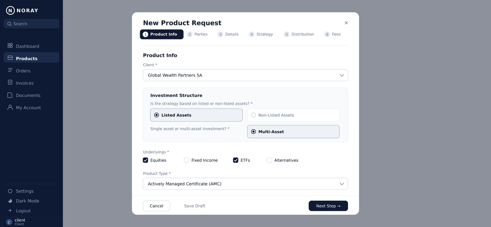 The New Product Request modal showing step one of a guided multi-step form for defining product info, structure and underlying assets.