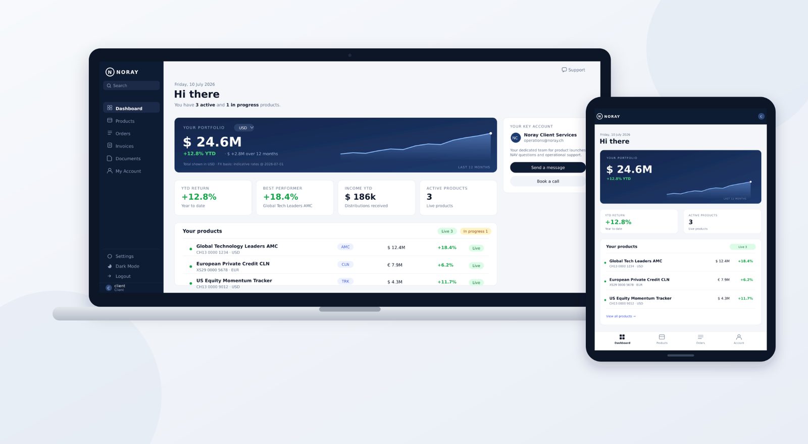 The Noray platform shown on desktop and tablet — the client dashboard with portfolio value and products.